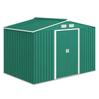 Green metal garden shed with double doors and gabled roof, vented panels on side