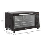 Black mini toaster oven with clear glass door and side vent panels, angled with size markers.