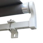 Grey retractable awning mounting bracket and roller arm close-up
