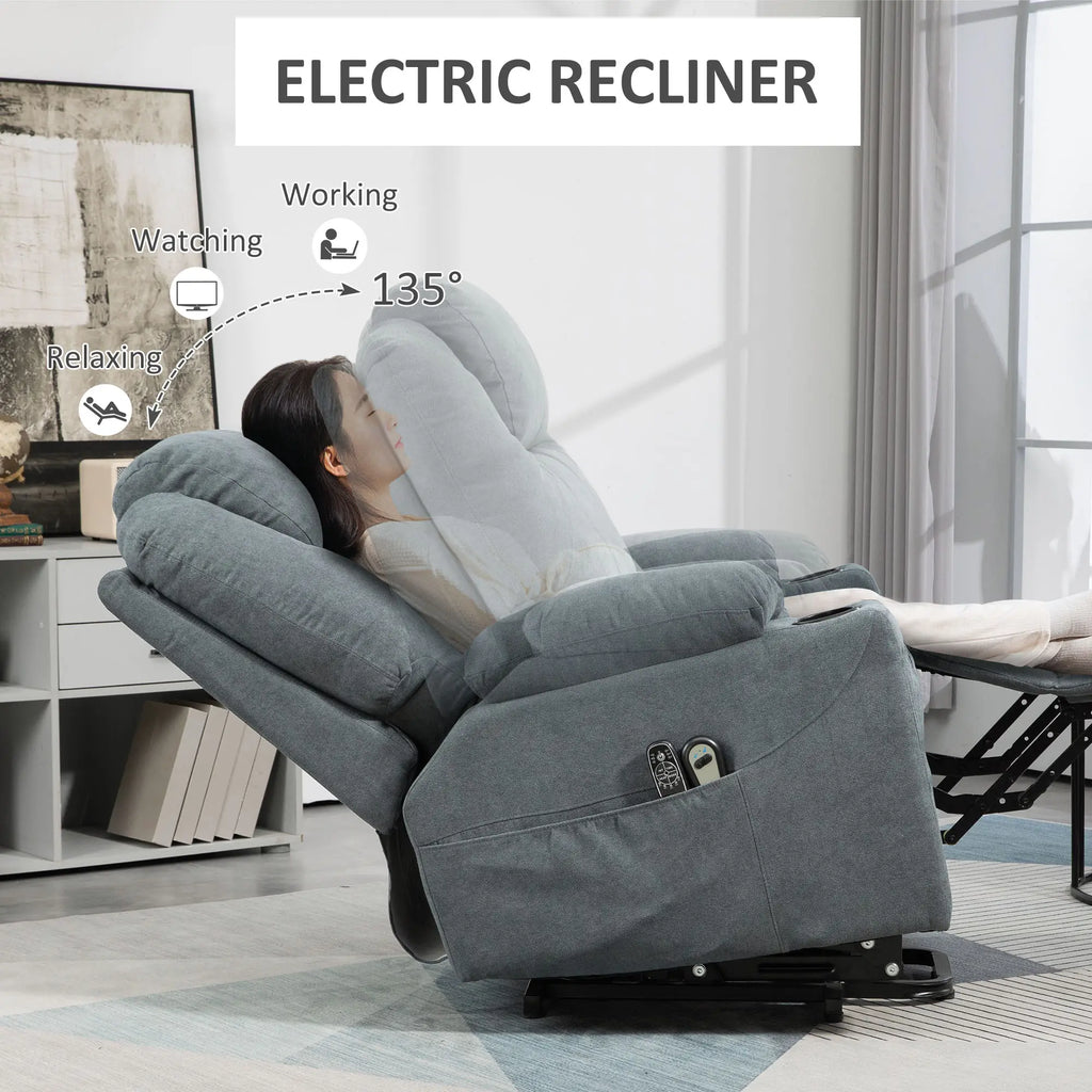 Charcoal gray electric recliner shown tilted back with footrest extended