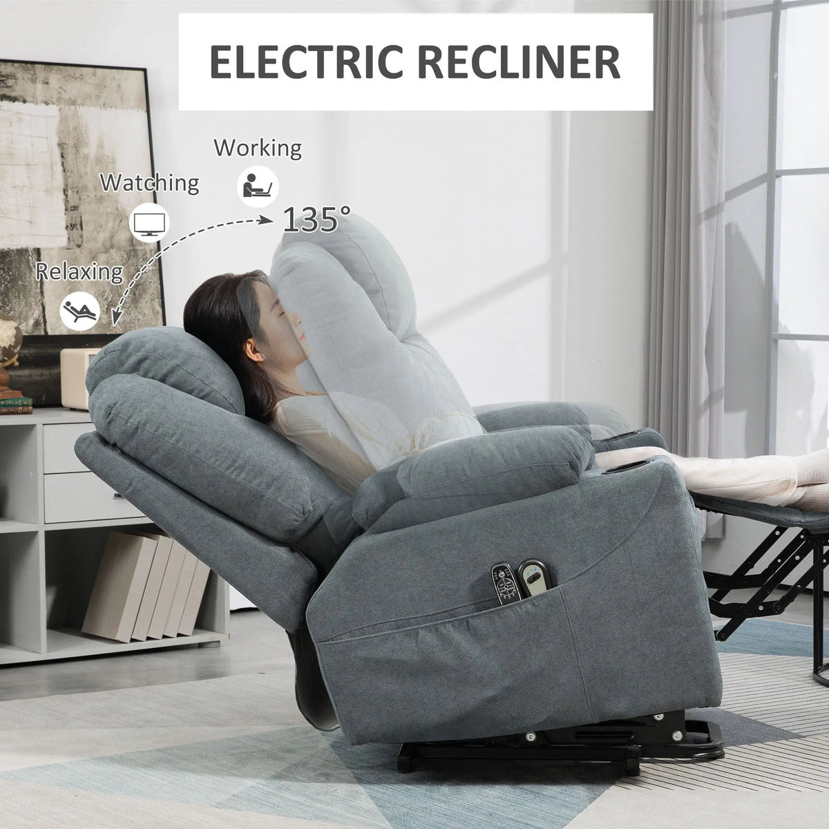 Charcoal gray electric recliner shown tilted back with footrest extended