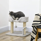 Light grey cat tree with plush top perch, sisal scratching post, and hanging toy ball