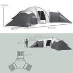 Six- to nine-person family tunnel tent with multiple sleeping areas and front porch