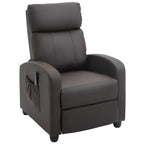 Brown faux leather push-back recliner armchair with padded armrests and side pocket