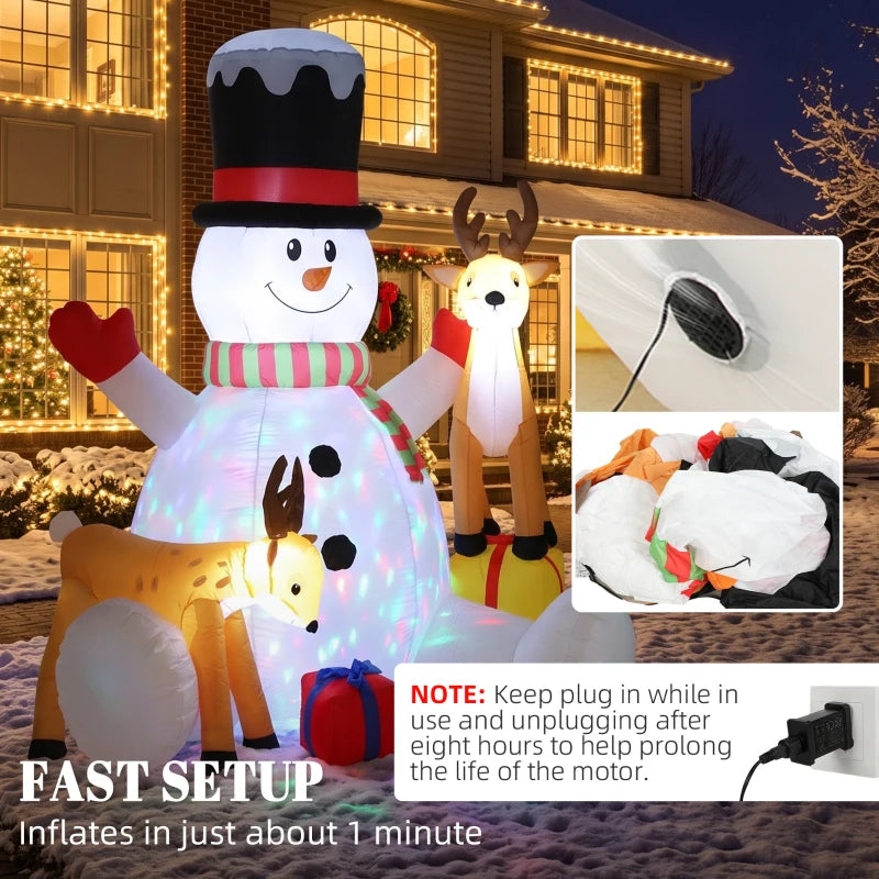 Inflatable snowman and two reindeer with LED glow, red hat, striped scarf, and gift