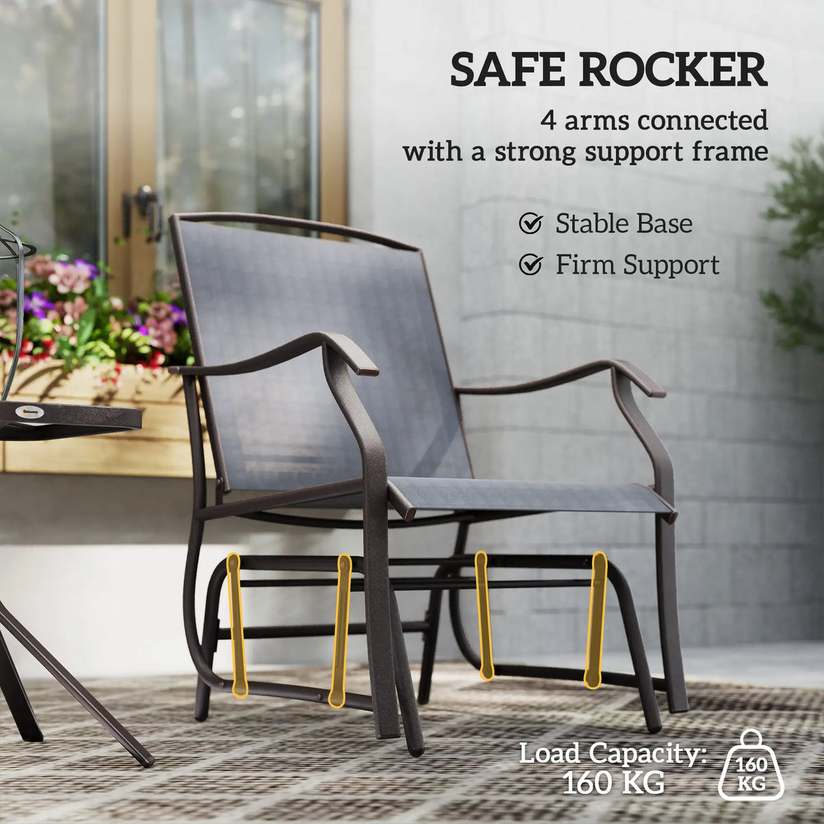 Grey textilene rocking chair with a sturdy support frame
