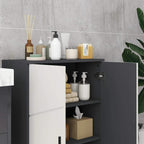 Bathroom storage cabinet with inner adjustable shelves, open door revealing contents area.