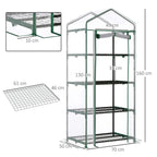Green mini greenhouse dimensions view with clear cover, four tiers, metal frame