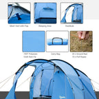 Sky-blue camping tent with mesh vent area, sleeping section, and vestibule front