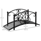 Black metal arched footbridge with safety rails and slatted deck; size diagram view