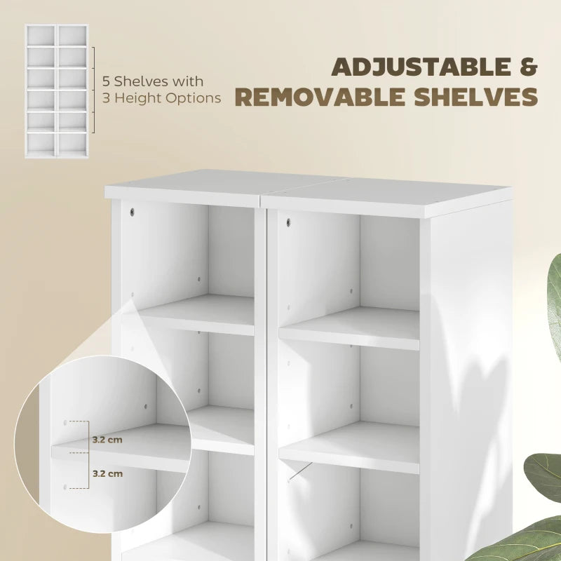 White media shelf tower with adjustable, removable shelves and open section