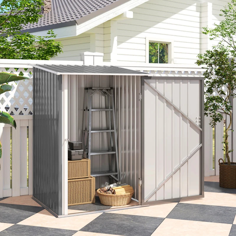 Grey steel garden shed with open door showing storage shelves and ladder