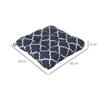 Navy blue seat cushion pillow with white trellis pattern, tie straps; 48 cm by 48 cm