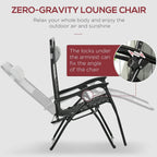 Grey zero-gravity lounge chair with adjustable recline lock and footrest