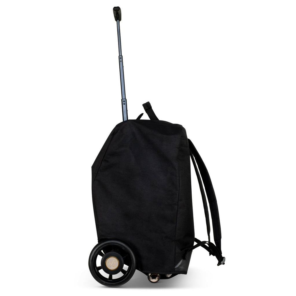 Black stroller bag with upright handle pole, side straps, and wheel base