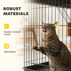 Black 3-tier cat cage with wire mesh and platform, cat resting on upper bar