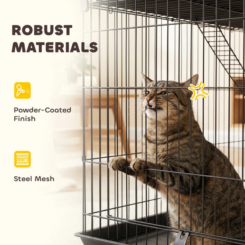 Black 3-tier cat cage with wire mesh and platform, cat resting on upper bar
