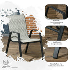 Grey woven rattan-style patio chair with armrests and black steel frame