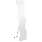 Full length white dressing mirror with LED-lit frame and adjustable floor stand