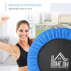 Blue trampoline mat with black jumping surface and padded edge