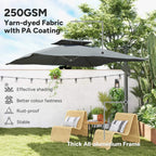 Grey cantilever parasol open over garden patio, thick-looking fabric canopy.