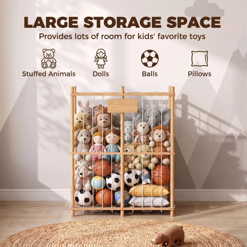 Natural wood storage zoo organizer with plush toys on three tiers and open front