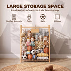 Natural wood storage zoo organizer with plush toys on three tiers and open front