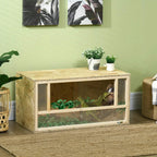 Natural wood reptile terrarium with front mesh panel and clear sliding glass doors