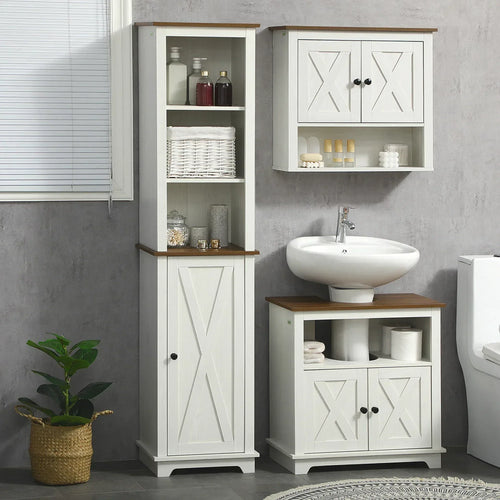 White tall bathroom storage cabinet with open shelving and lower door