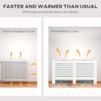 White radiator cover with horizontal slats; comparison graphic on screen background.