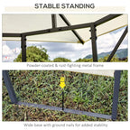 Powder-coated metal gazebo frame with wide base and ground anchoring spikes