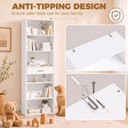 White tall bookcase showing anti-tipping design with anchored top