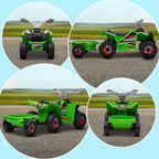Green ride-on quad bike with back trailer, shown from multiple side angles on a road