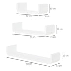 Diagram of three white floating shelves with sizes labeled in cm.