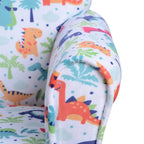 Close-up of dinosaur-print armrest on children’s tub chair, padded fabric edge