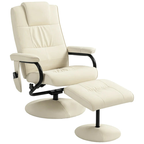 Cream faux leather swivel recliner with padded footstool and round wrapped base