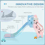Pink 3-in-1 baby slide climber with basketball hoop, gray ramp shown on safety graphic