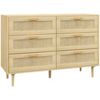 Light oak 6-drawer dresser with rattan-front panels and wooden pulls.