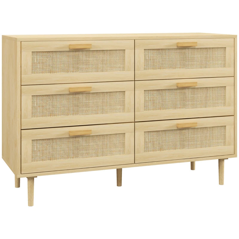 Light oak 6-drawer dresser with rattan-front panels and wooden pulls.