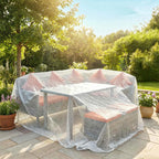 White PE mesh tarpaulin cover over outdoor furniture bench or grill, stretched taut
