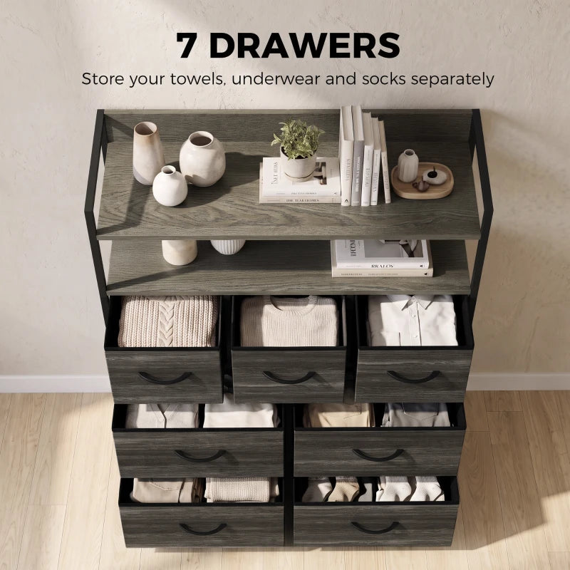 Grey wood-effect dresser with open shelf top and six front fabric drawers