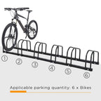 Black bike parking rack with six U-shaped stands holding a bicycle