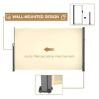 Wall-mounted retractable privacy screen, cream fabric panel with gray steel frame