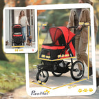 Red pet stroller with mesh canopy and black body, shown with size measurement graphics