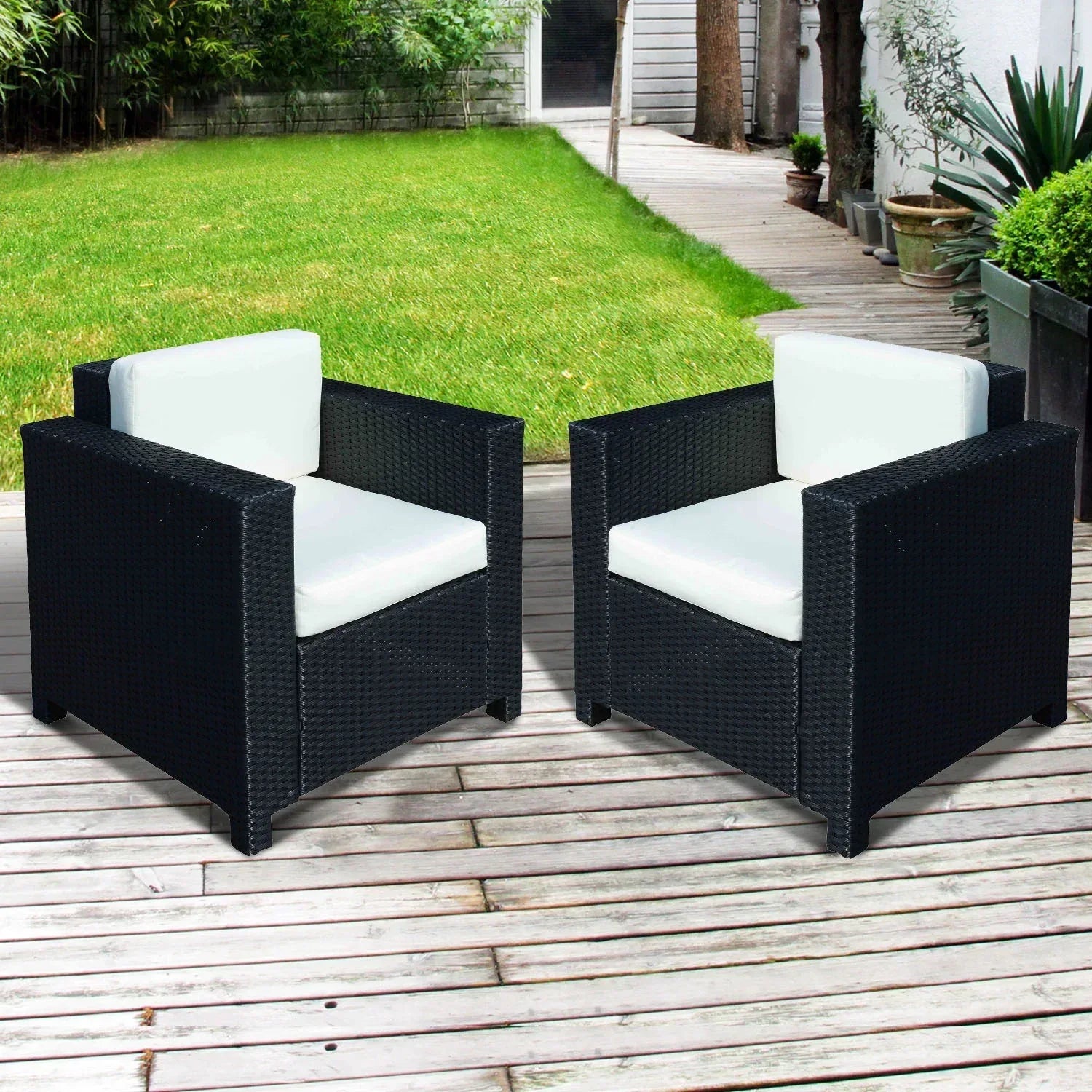 2 Rattan Garden single Seater Chair All Weather Wicker Weave Single Sofa chair armchair Patio Black - Bobobiy