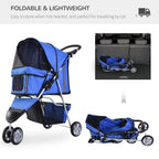 Blue foldable pet stroller with rain cover, shown compact and ready for travel storage.