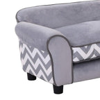 Grey pet sofa bed side view with rounded armrest and chevron front cushion