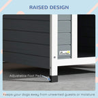 Grey wooden dog kennel with adjustable foot pad; raised design detail callout shown