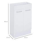 White under-sink vanity cabinet with ceramic basin, sized 86 x 50 x 25 cm