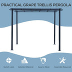 Black metal pergola frame with top grid trellis and four corner posts